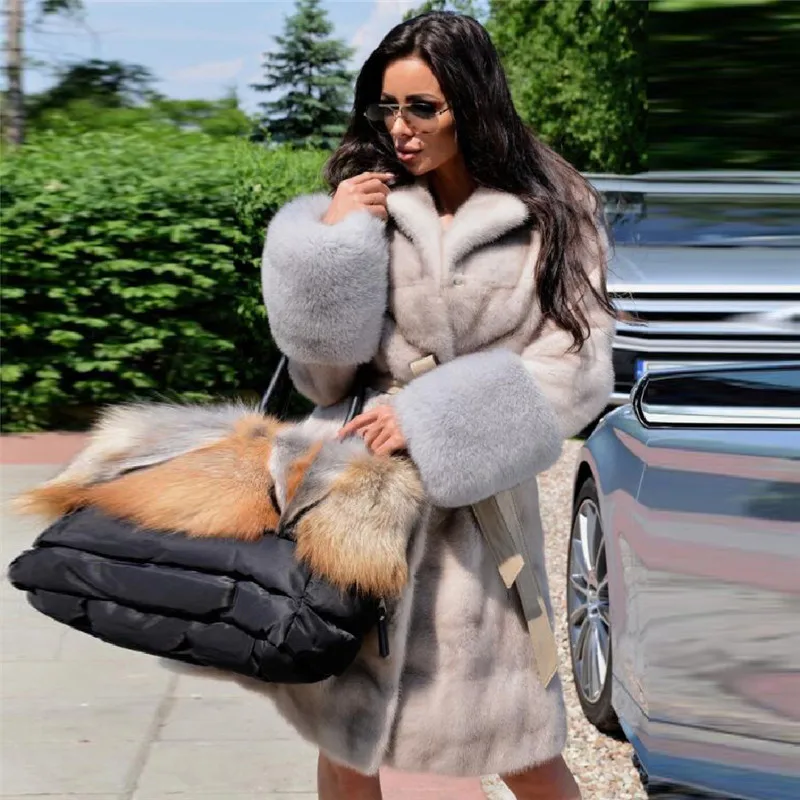Women Fashion Long Real Mink Fur Coat Lapel Collar Luxury Genuine Whole skin Mink Fur Jacket With Fox Fur Cuff Winter Overcoat