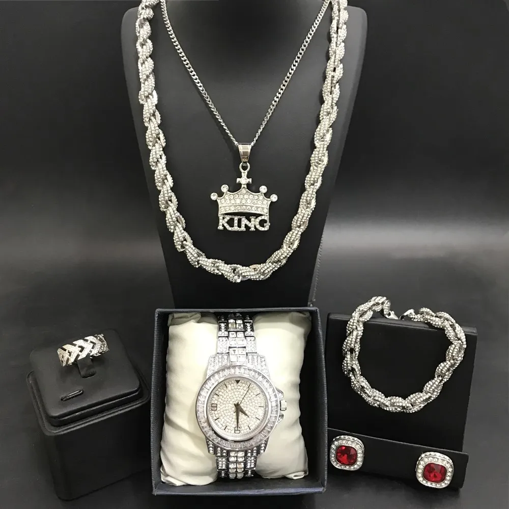 Роскошные мужские часы серебряного цвета, ожерелье, браслет, кольцо и серьги, комплект часов в кристаллах, кубинские серьги для мужчин