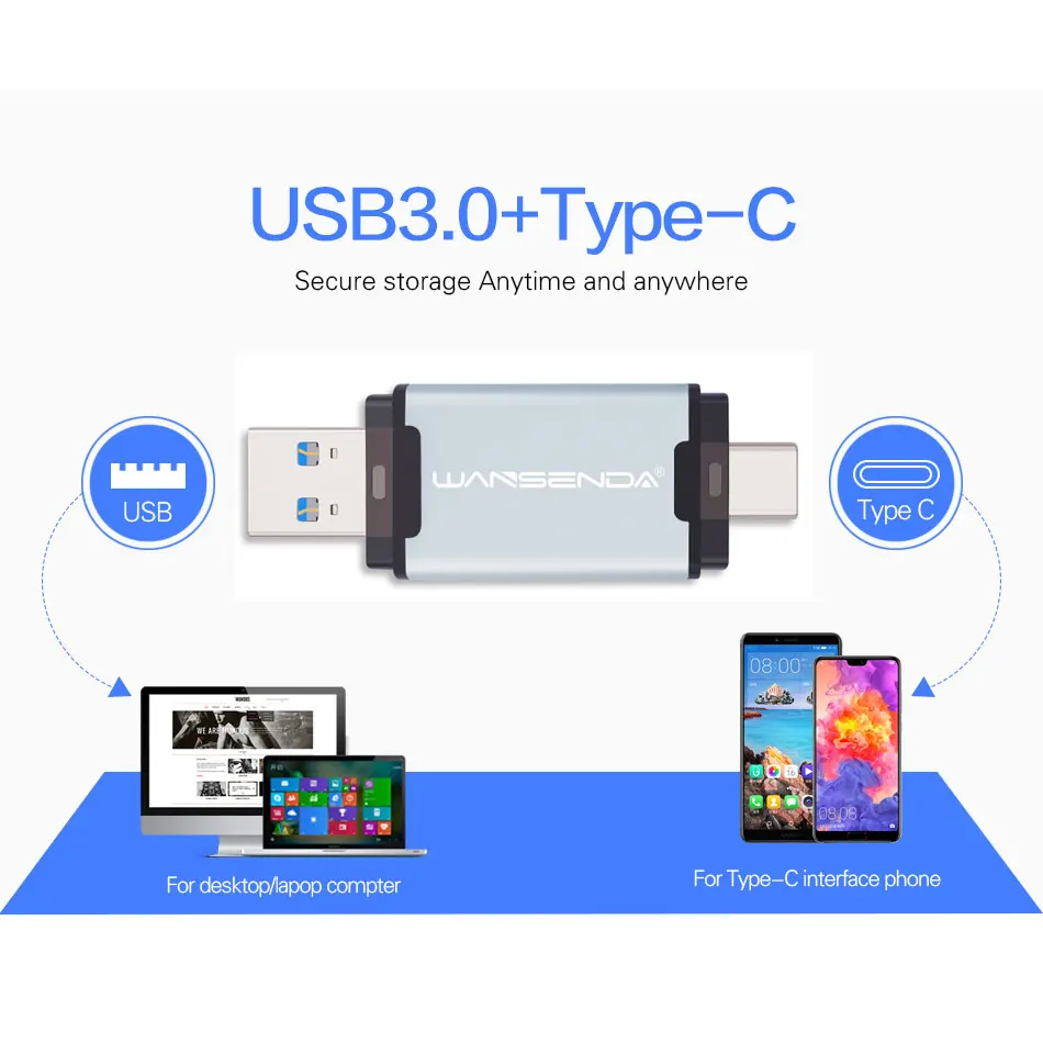 Горячая Распродажа WANSENDA 2 в 1 TYPE-C USB 3 0 флэш-накопитель металлический 16 ГБ 32 64 Гб 128