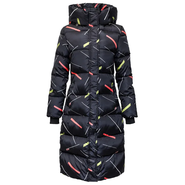 

Elegant luxury brand women's cotton coat long section thick large size slim down cotton pad printing cold jacket women