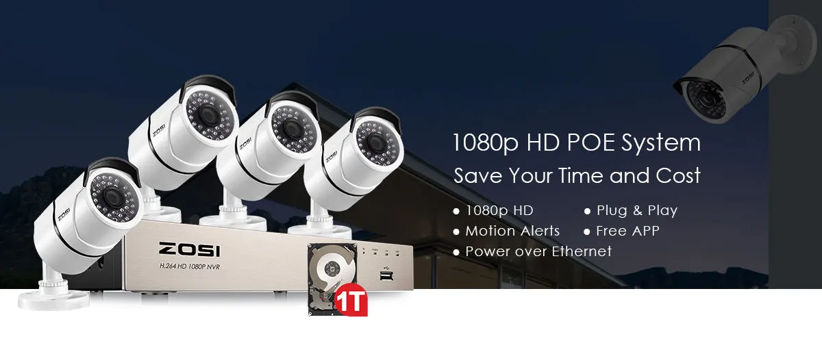 ZOSI 4CH NVR 1080P IP сеть POE Запись видео ИК наружная камера видеонаблюдения системы безопасности домашний комплект видеонаблюдения 1 ТБ жесткий диск
