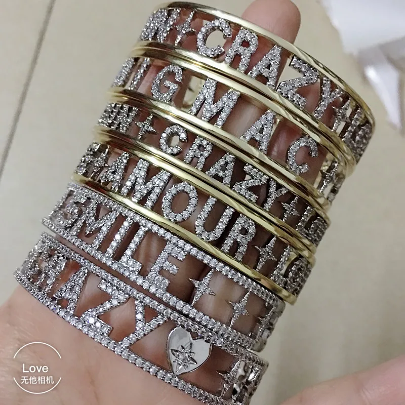 women female bangle zircon wide lettter BIG MAC SMILE FUN CRAZY LOVE AMORE AMOUR LOVE CRAZY bracelet positive sentence bangle