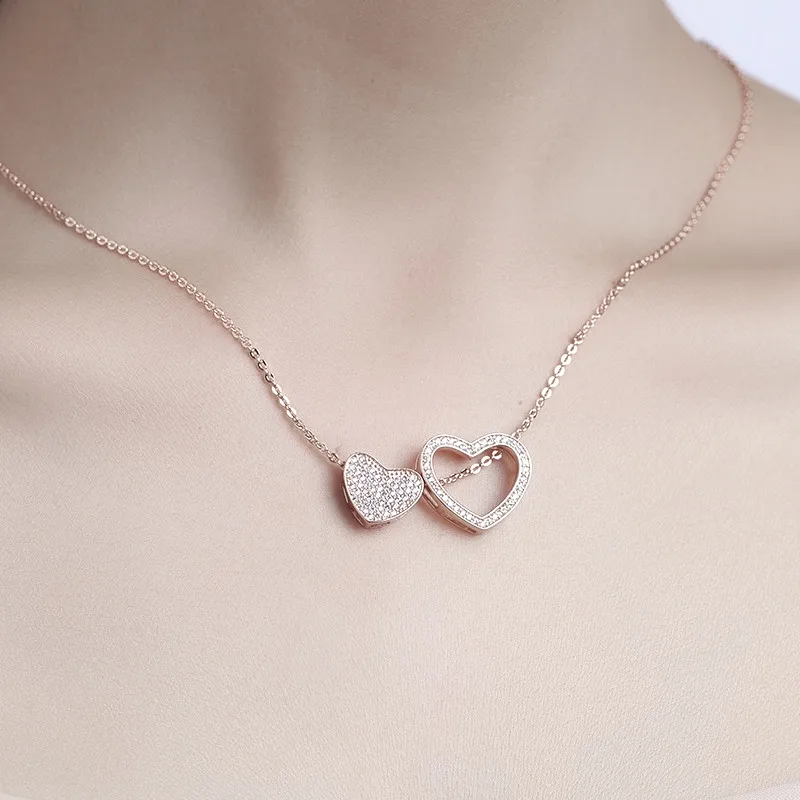 Кулон в виде сердца с бриллиантом и цепочкой Настоящее серебро 925 пробы розовое