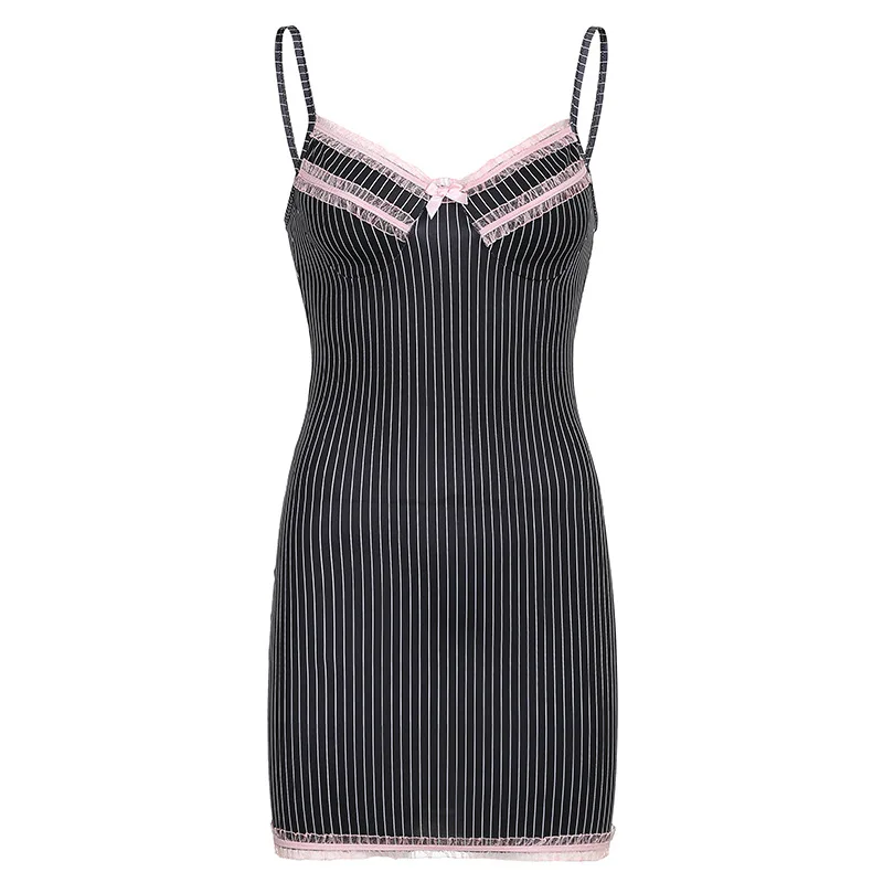 

2021 summer Fashion high quality Sexy Lace Striped Suspender beach mini Dress Woman Slim Cute Kawaii women pajamas Dresses