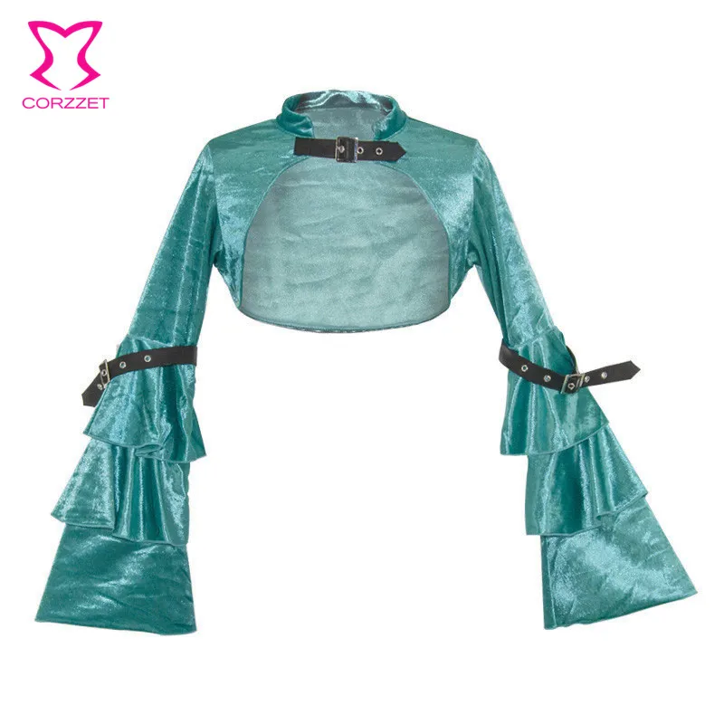 Женский короткий корсет с рюшами синий фланелевый и расклешенными рукавами в