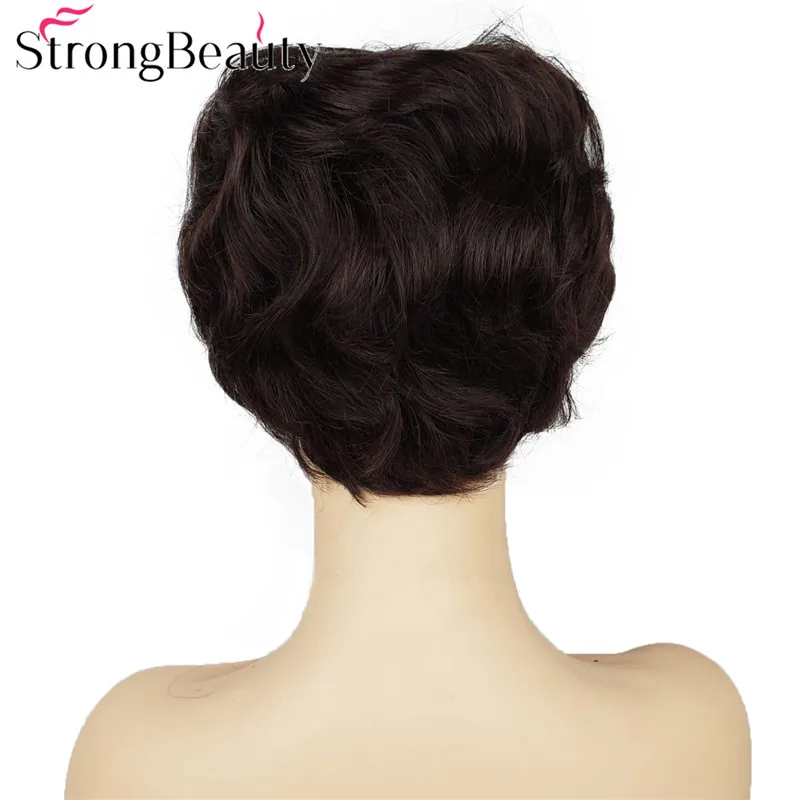 StrongBeauty короткий кудрявый женский парик натуральный черный Пикси СТРИЖКА Полный синтетический парик