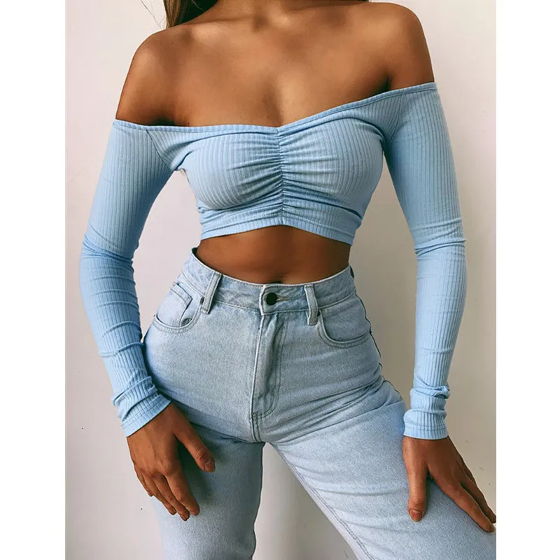 Блузка женская с открытыми плечами элегантная рубашка длинным рукавом и