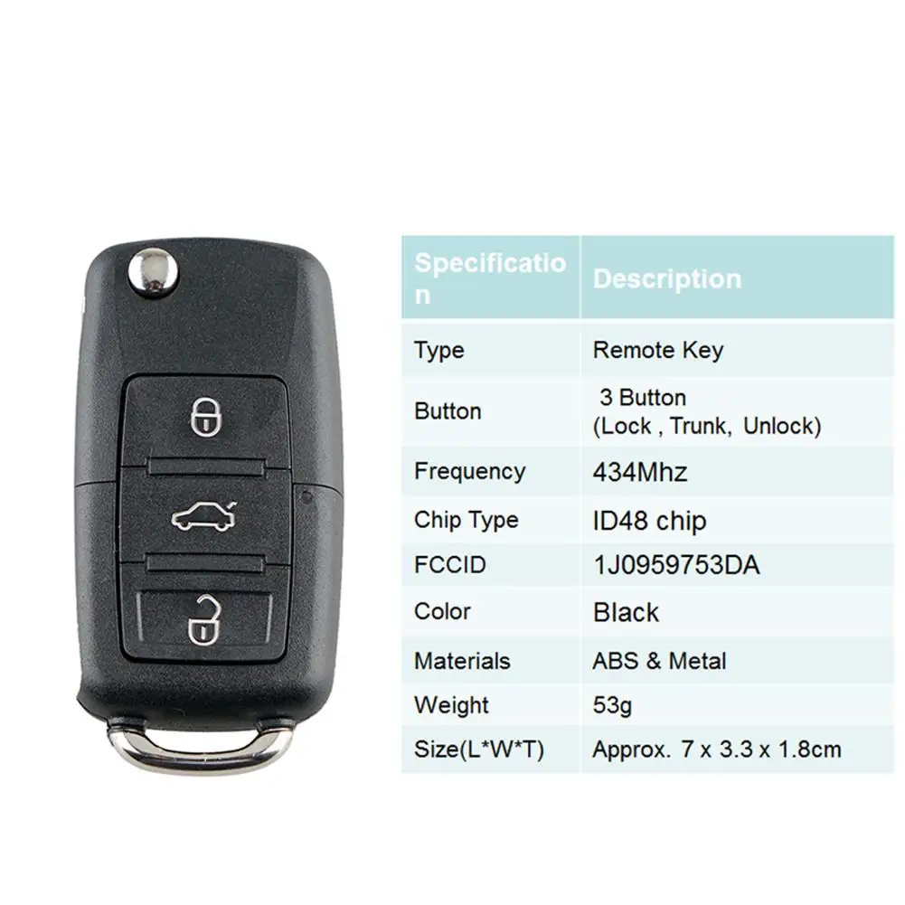 Складной умный флип-чехол с 3 кнопками для VW Volkswagen PASSAT Polo Skoda Seat 1J0959753DA 434 МГц ID48 |