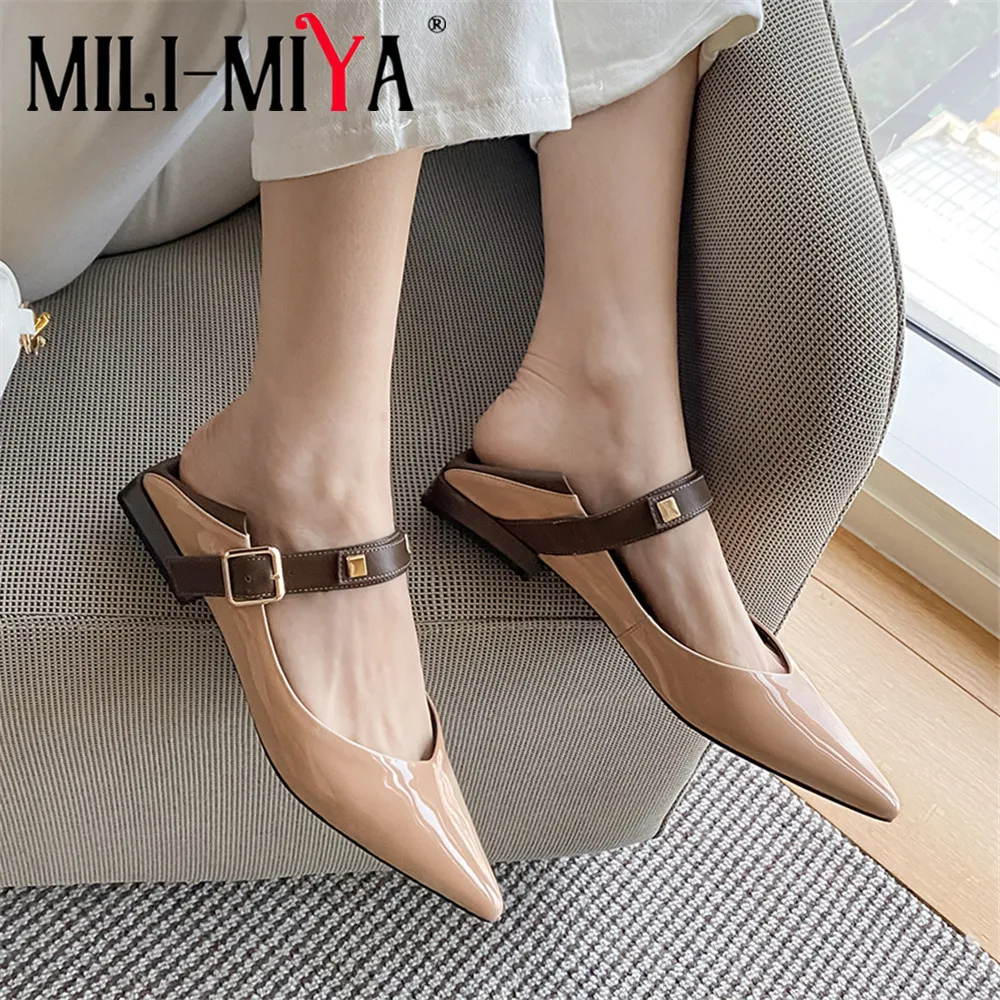 

MILI-MIYA Rivet Pointed Toe Shallow Flat Fashion Color Matching Cow Leather Women Buckle Spring Autumn Casual Handmade Shoes