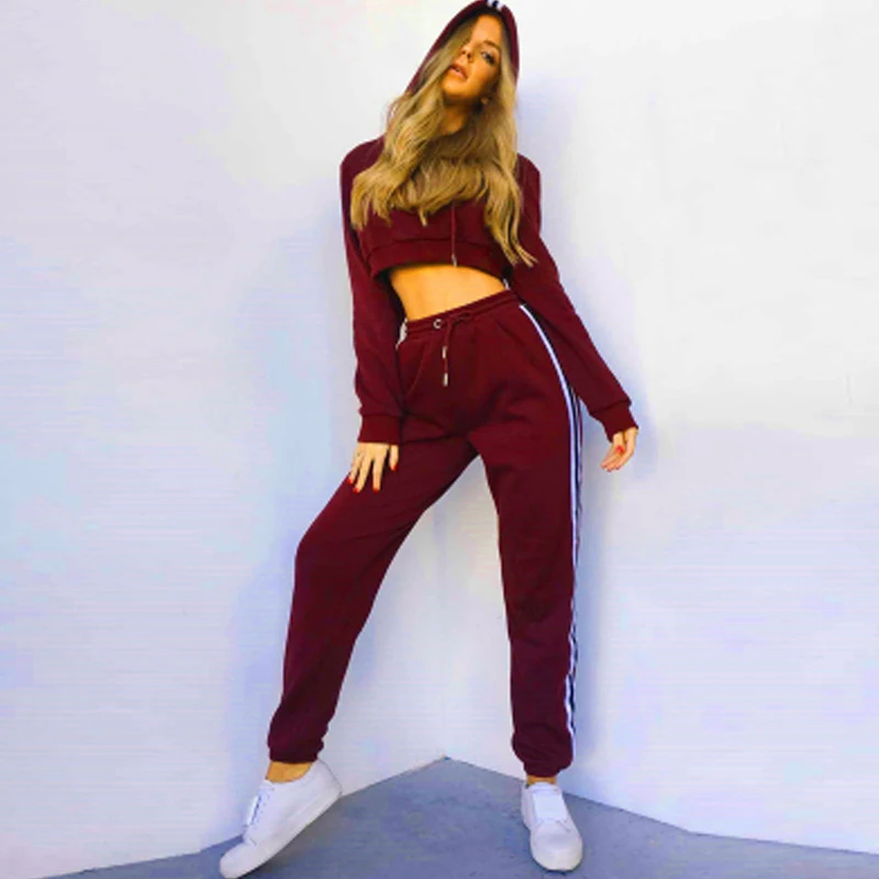 

Tracksuit 2pcs Women Set Hoodies Crop Top Sweatshirt+Side Stripe Pants Hooded 2 Pieces Sets Women Clothing Suits Female