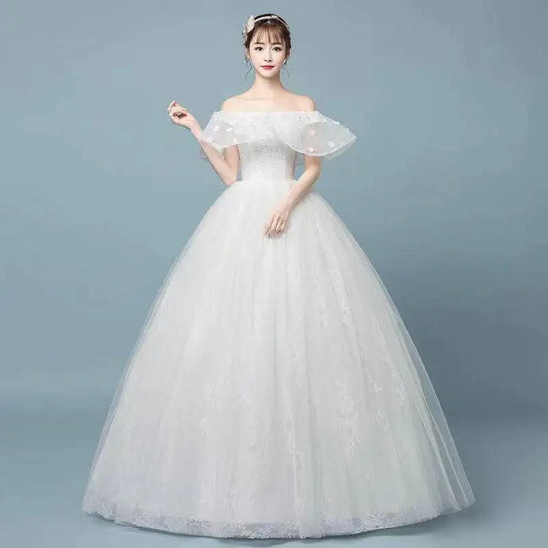 

Wedding Dresses Illusion Boat-Neck Short Off The Shoulder Tulle Lace Embroidery Floor-Length Luxury White Lady Bride Gown GB235