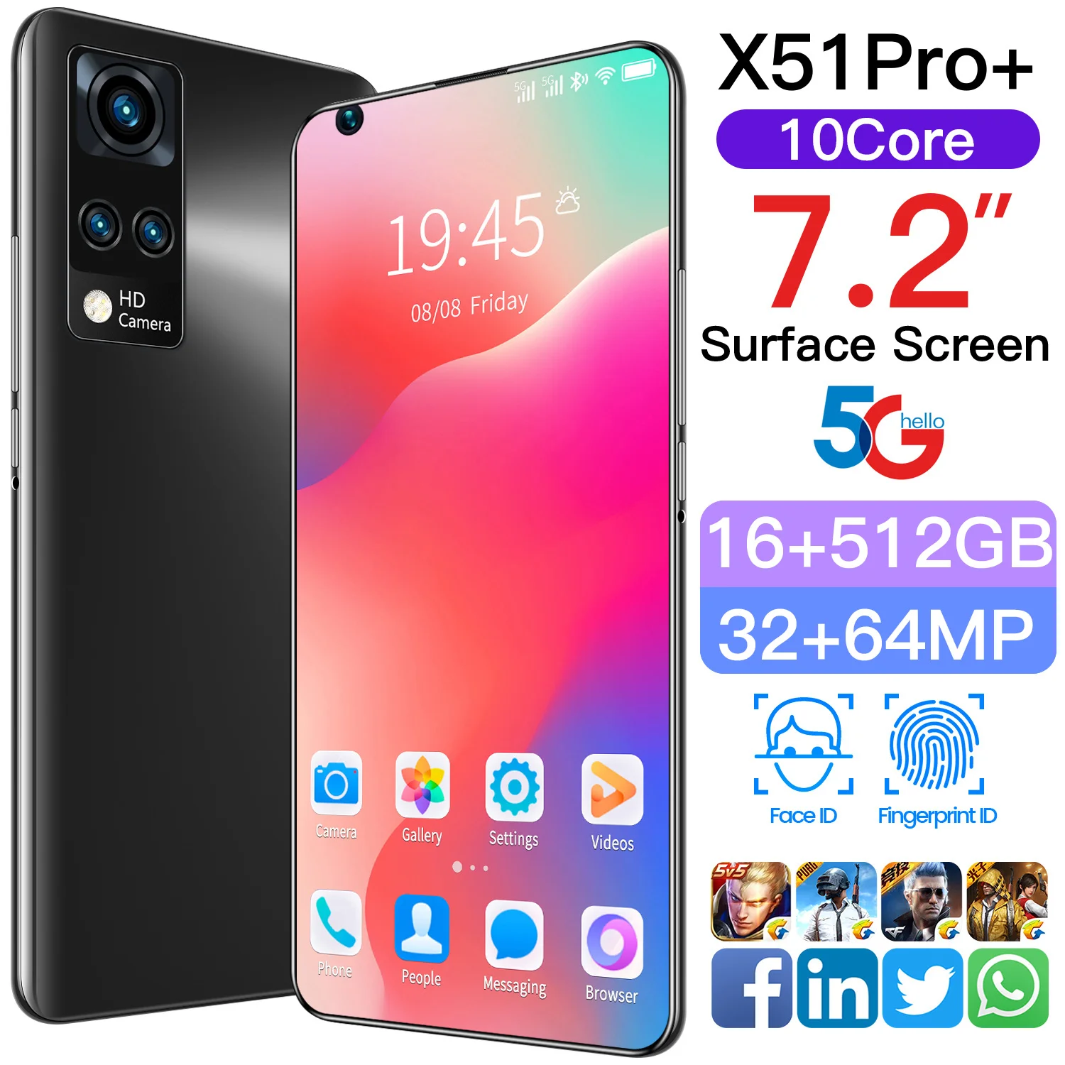 

X50 Pro+ 7.2 Inch Smartphone 6800mAh 12GB+512GB Face Fingerprint Recognition Unlock 32MP+64MP SIM Dual Card 10 Core Mobile Phone