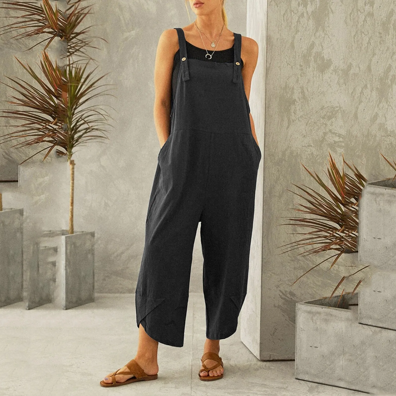

Women Fashion Casual Solid Pocket Romper Long Playsuit Strap Button Jumpsuit 2021 Autumn Comfortable Jumpsuit
