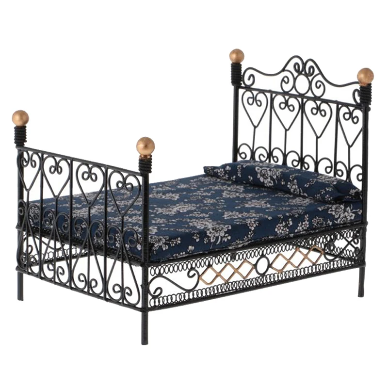 

1:12 Dollhouse Miniature Metal European Retro Double Bed Bedroom Furnitures Doll House Decoration Accessories