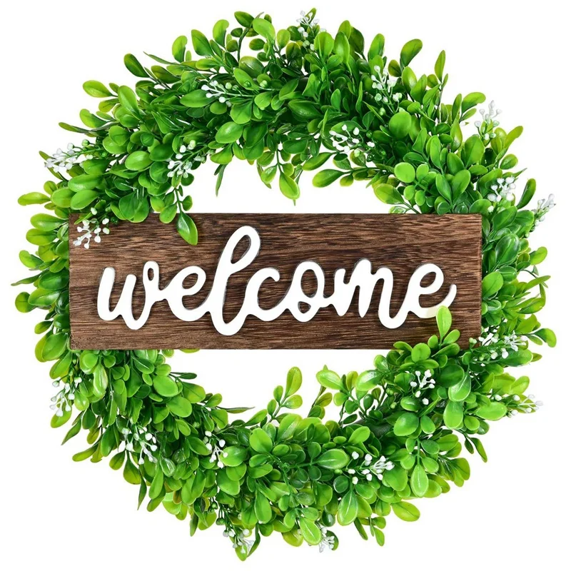 

Artificial Boxwood Wreath for Front Door Decor Porch Decoration with Wooden Welcome Sign and White Flower Green Wreath