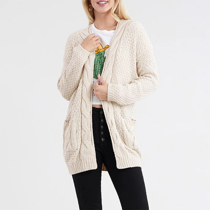 

2021 Fall V-Neck Long Loose Coarse Yarn Solid Pockets Casual Women Open Stitch Sweater