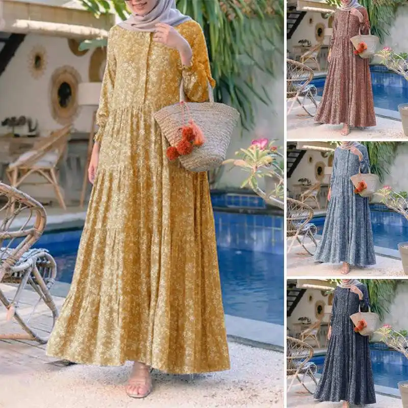 Мусульманские платья с цветочным принтом в стиле бохо, свободная одежда в пол, мусульманский халат, платья