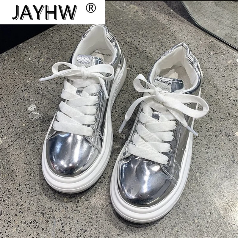 

2021 New Autumn Women's Flat Shoes Fashion Silver Platform Women Casual Shoes Lace-Up PU Leather Comfortable Light Women Shoes
