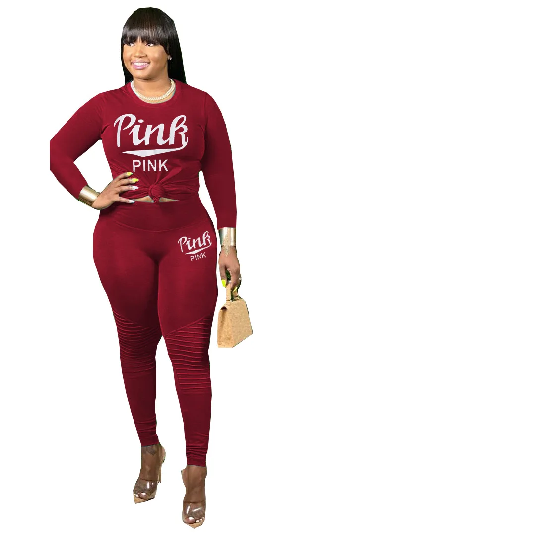 

Pink Letter Print Full Sleeve Bandage Tshirts and Stacked Jogger Pants Activewear Sporty Workout Fitness Tracksuit Two Piece Set