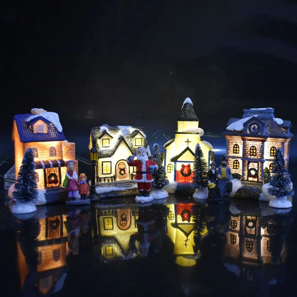 

10pcs Christmas Santa Claus Snow House Miniature Figurine Set Luminous LED Light Up Xmas Tree Shop Village Statue Decorations
