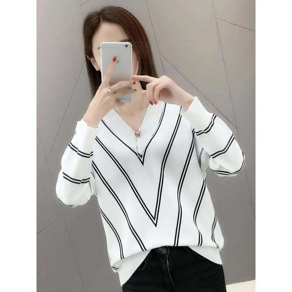 

Large Size Knit Low Waist Jersey Women's Long-Sleeved Stripe Thin Type Autumn New Loose Korean-Style Pullover V-neck Shirt
