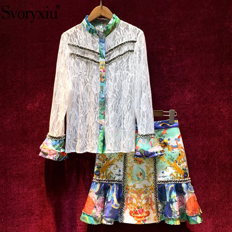

Svoryxiu Designer Summer Elegant Skirt Suit Women's Flared Sleeves Lace Blouse + Flower Print Mermaid Skirt Two Piece Set 2021
