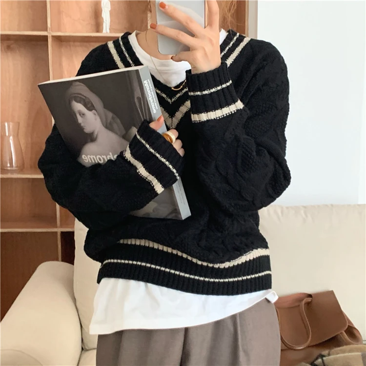 

Aibeautyer New Autumn Winter V-Neck Pullover Warm Knitted Oversized Korean Style Elegant Lady Tops Women's Sweaters