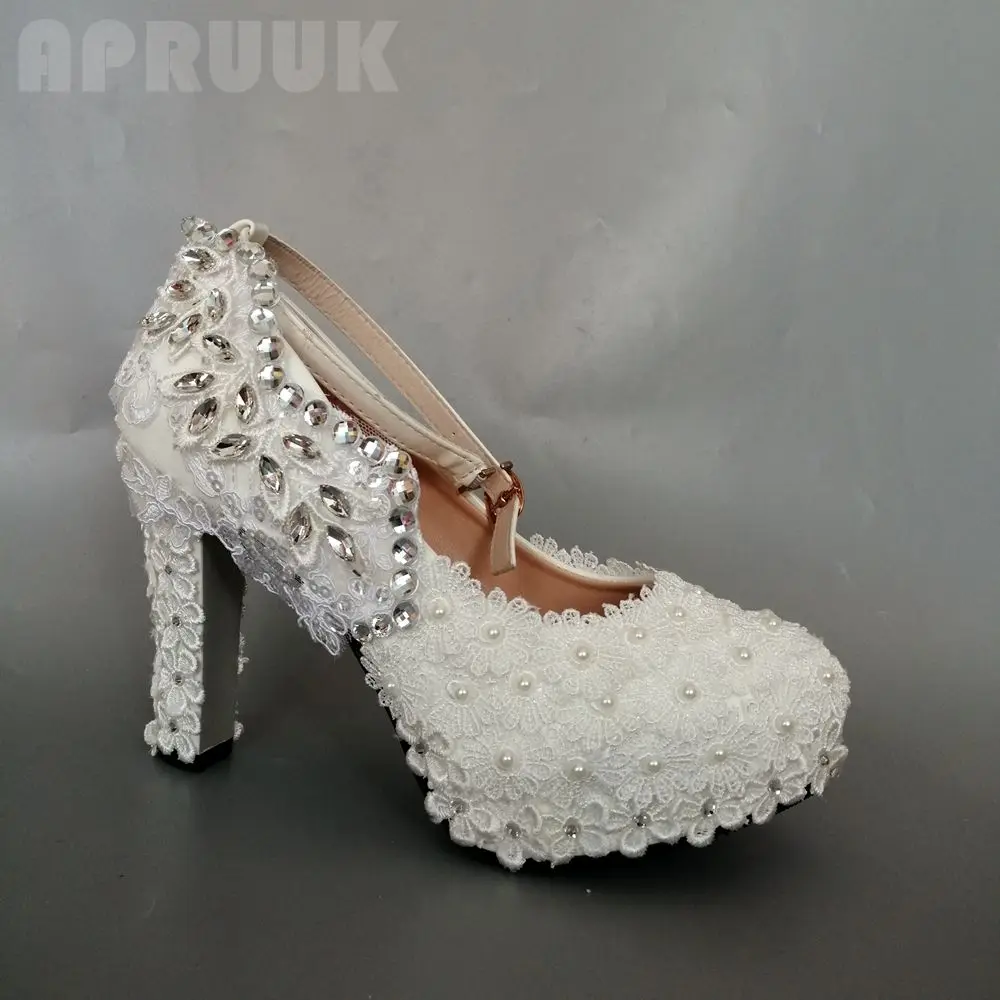 New arrival white lace silver rhinestones wedding shoes bride sweet pearl ankle buckle straps super high-heeled bridal pump | Обувь