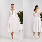 Женское Короткое свадебное платье, Элегантное Атласное белое платье до щиколотки с длинным рукавом и V-образным вырезом, 2021