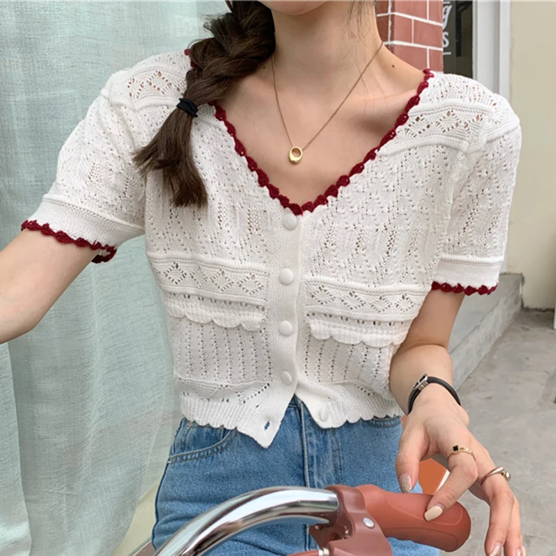 

LJSXLS Sweet Knitted Short Crop Top Femme Hollow Out V-Neck Cardigan Women Summer Women Clothing White Thin Short Sleeve Tops