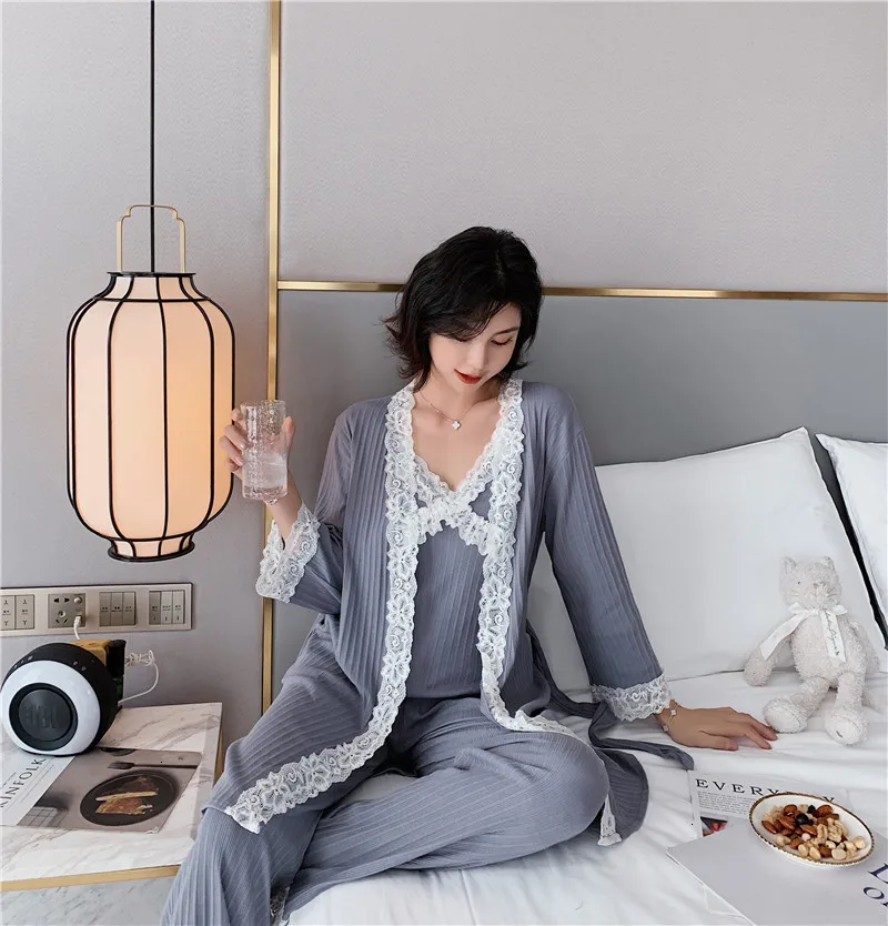 3 Pcs Winter New Long Sleeve Pure Cotton Pajama Set Lace Sexy V Lead Spaghetti Strap With Belt Cardigan Bathrobe | Женская одежда