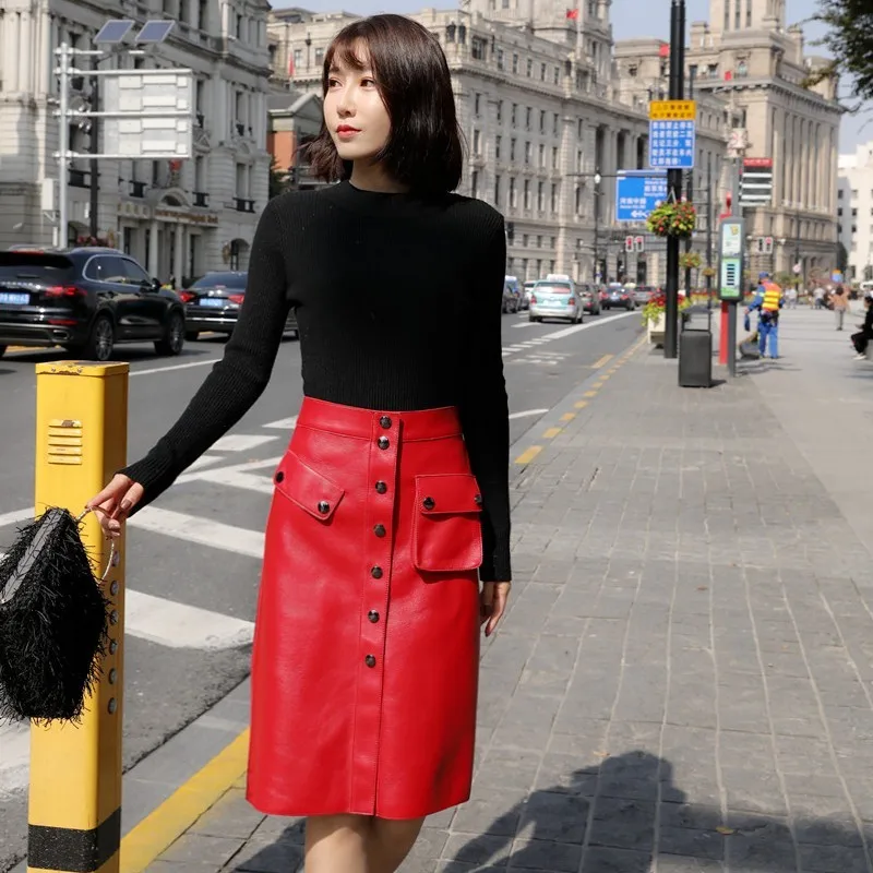 Женские однобортные Юбки До Колена из натуральной кожи офисные трапециевидные