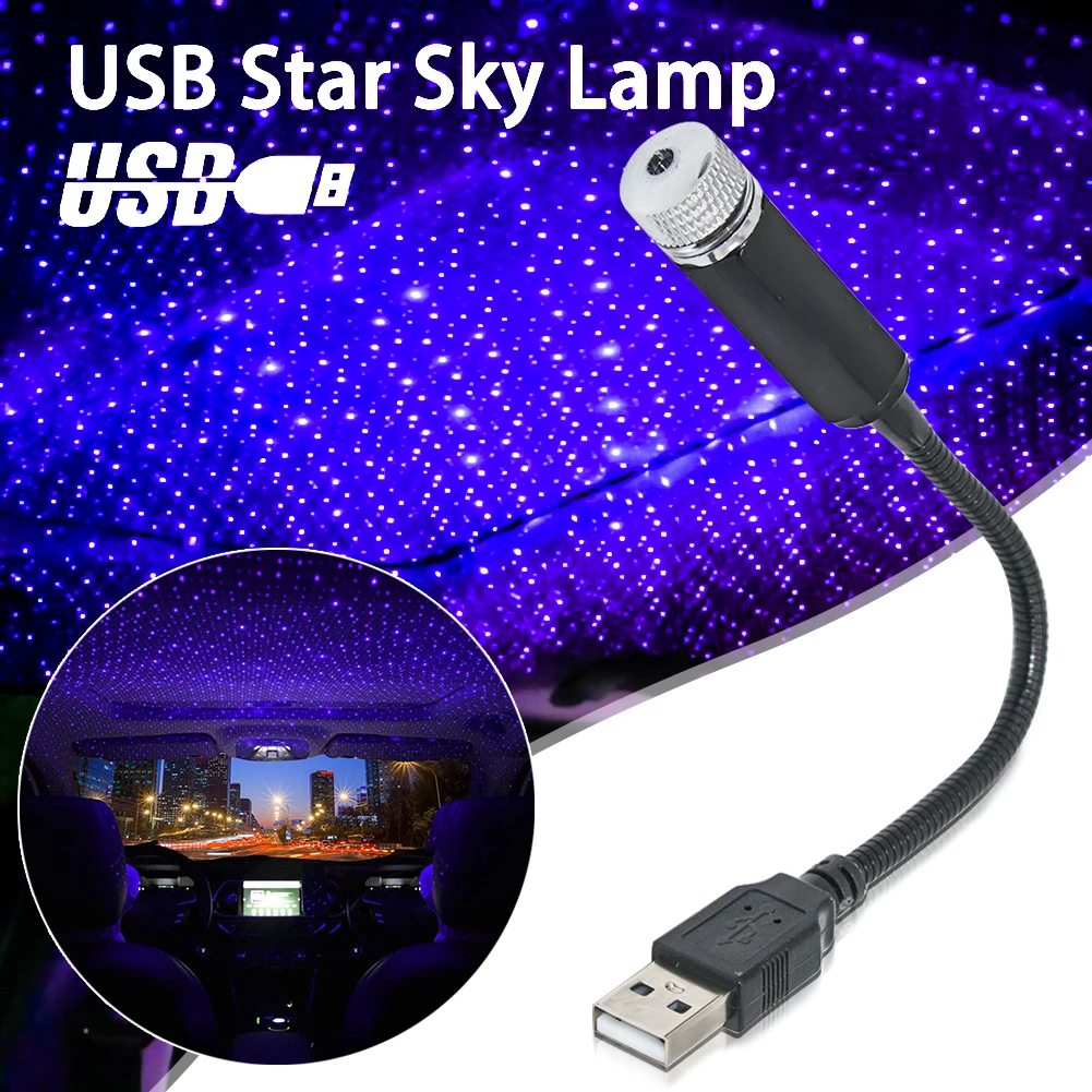 

USB Car Roof Atmosphere Star Sky Lamp Ambient Star Light LED Projector Purple Night Light Adjustable Multiple Lighting Effects