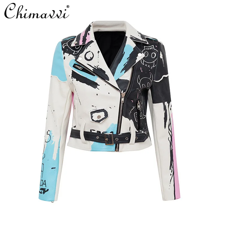 

Fashion Punk Rock Jacket Autumn Winter Women's Clothing Personalized Graffiti Printed Rivets Motorcycle Faux Leather Streetwear