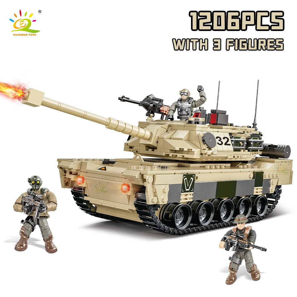 

HUIQIBAO 1206Pcs WW2 Military M1 Main Battle Medium Tank Model Building Blocks DIY Army Soldier Weapon Bricks Toys For Children