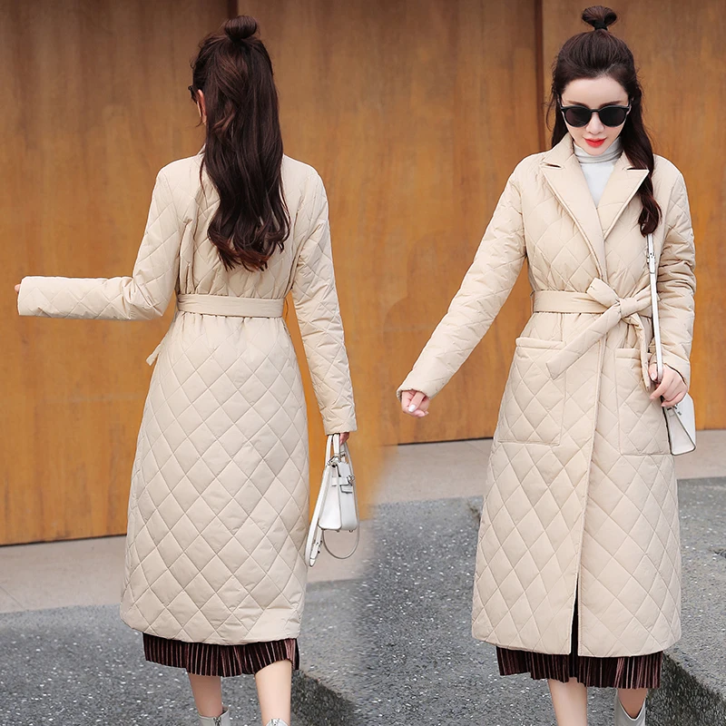 Женское длинное Прямое пальто Повседневная парка с поясом и глубокими карманами