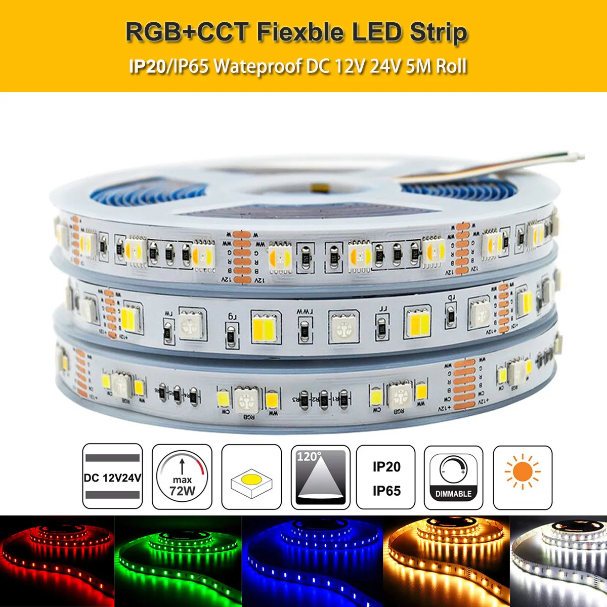 

DC12V 24V 5M 60LEDs/m RGB+CCT 5IN1 LED Strip Light RGB+White+Warm White 5050 SMD Dual White Temperature Adjustable 12MM 6pin PCB