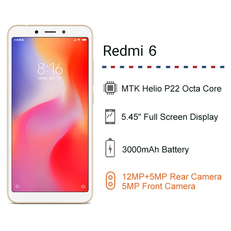 Первоначально Глобальный Версия Xiaomi Redmi 6 4 GB 64 GB смартфон Helio P22 Восьмиядерный Процессор 12MP+ 5MP две камеры 5,4" 18:9 полный Экран