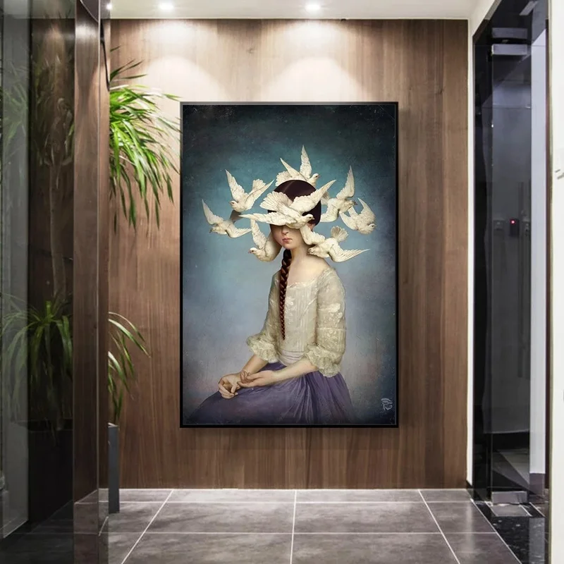 

Bird of Peace Surround The Girl Canvas Paintings on The Wall Art Posters and Prints Nordic Art Girls Pictures for Living Room