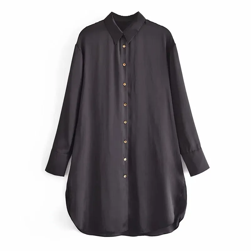Черная длинная женская рубашка TRAF 2021 блузка оверсайз из сатина с воротником и