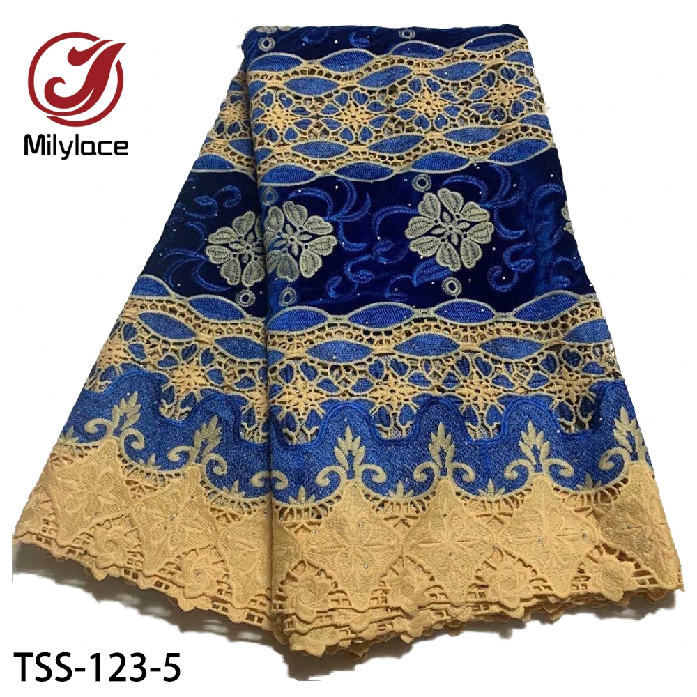 

Newest Design African Guipure Velvet Lace Fabric with Stone High Quality Nigeria Lace Fabric for Wedding TSS-123