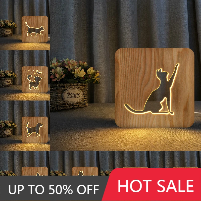 

3d-лампа деревянная в виде кошки и звезд