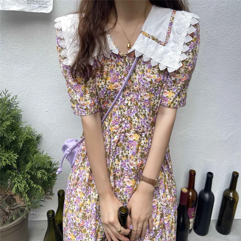 

Hzirip Lace Wavy Side Peter Pan Collar Puff Sleeve High Waist Slimming Ladies 2021 Casual All-Match Fashion Mid-Length Dress