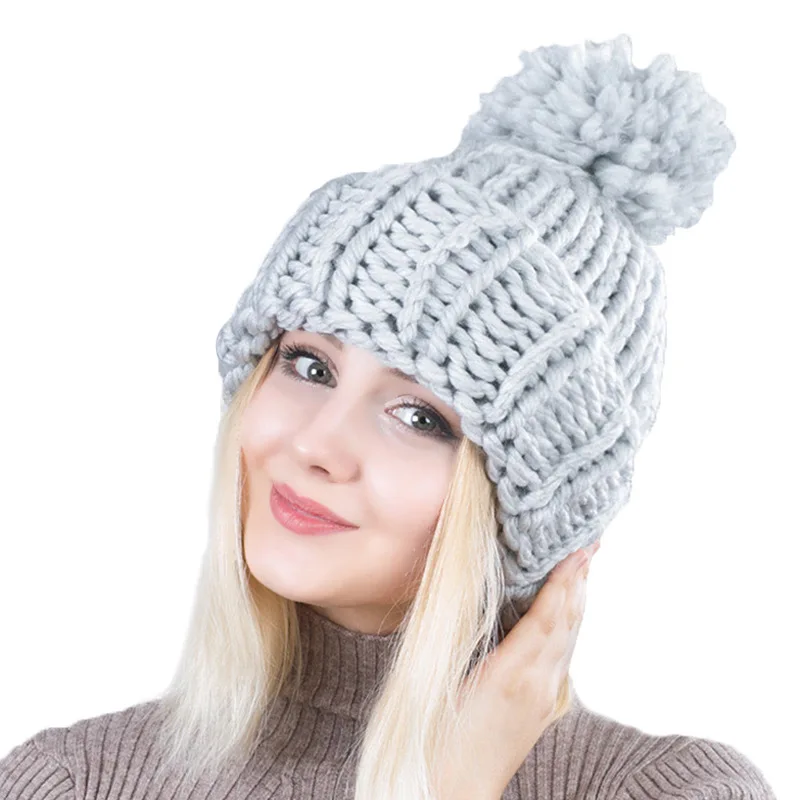 

Зимняя вязаная женская шапка бини шапка для женщин зимняя шапка с помпоном Радужная элегантная однотонная вязаная шапка из грубой шерсти т...