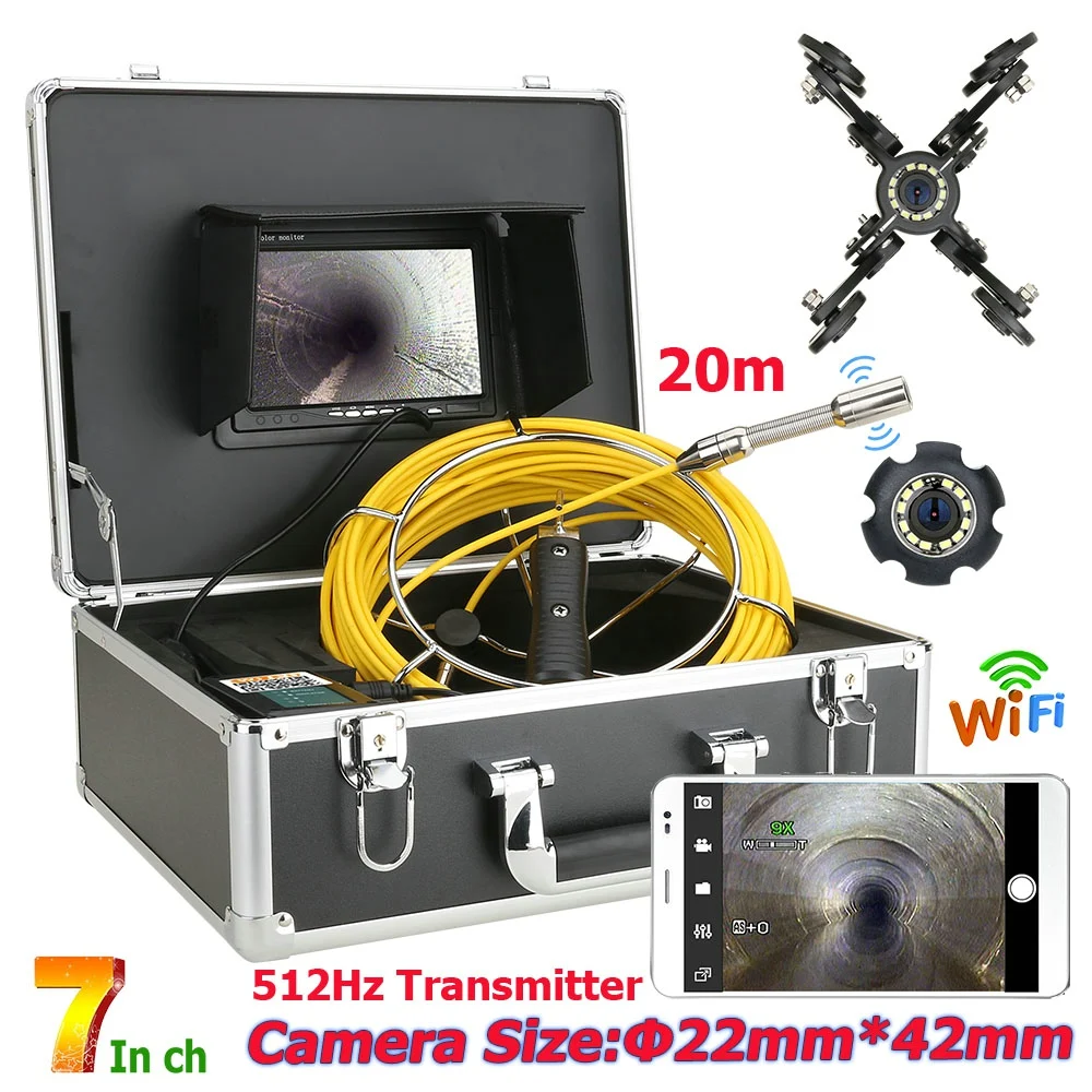 

7" Monitor 20M/30M/50M Pipe Sewer Drain Inspection System Built-in 512hz Transmitter With WiFi Wireless DVR 22MM HD 1000TVL Cam