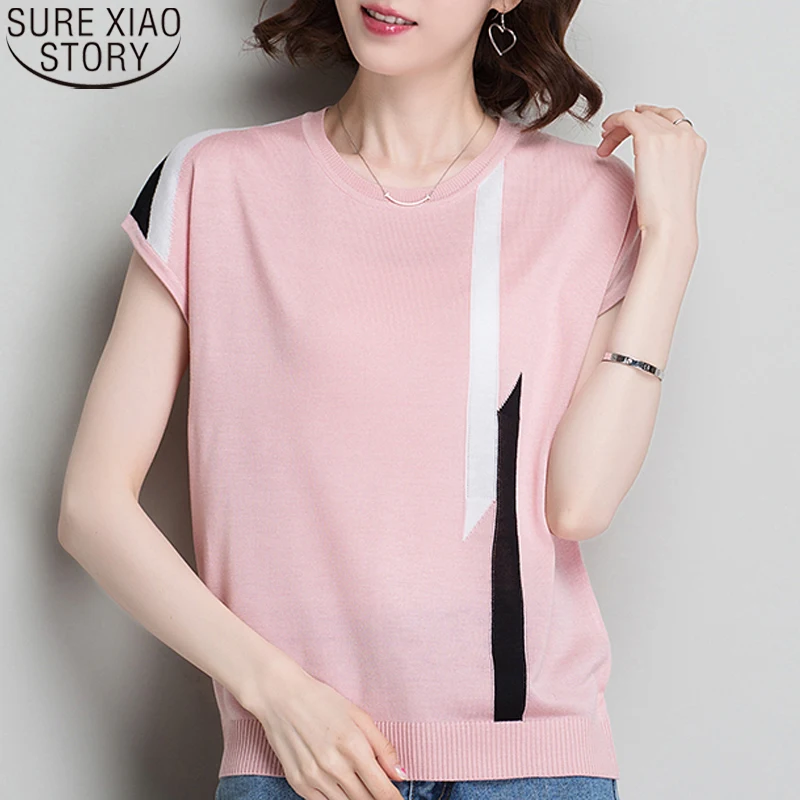 

Fashion Casual Thin Short Sleeve Soft Knitted Shirt 2021 Summer Ice Silk Blouses Women Loose O-Neck Tops Korean Shirts 9762