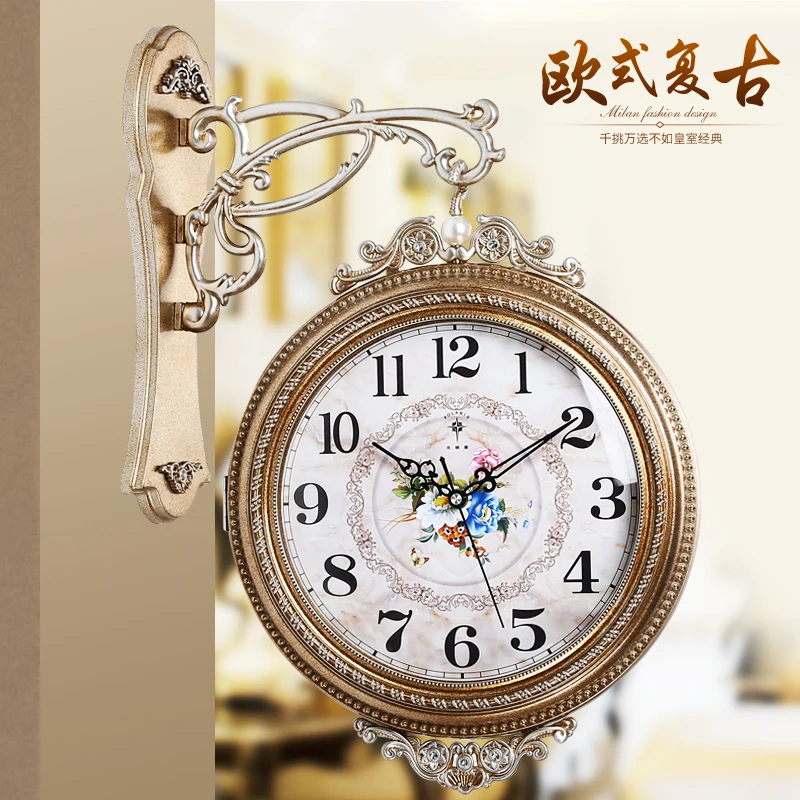 

European Style Luxury Double Wall Clock Retro Living Room Creative Novelty Large Clocks Reloj De Pared Wall Watches KK60WC