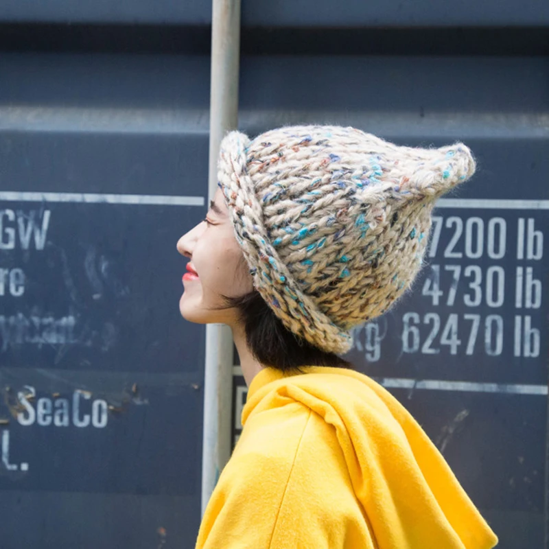 

Knit Beanies Hats Weave Multicolor Elastic Warm Winter Unisex Fashion Knitted Hat Thick Female Cap Cute Knitted Wool Cotton Cap