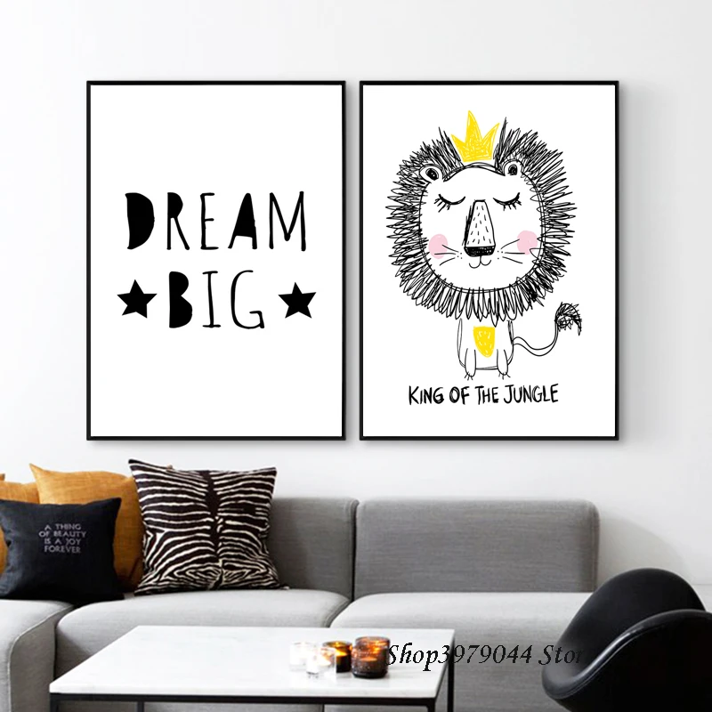 Мультяшный желтый плакат со львом холст художественная настенная живопись