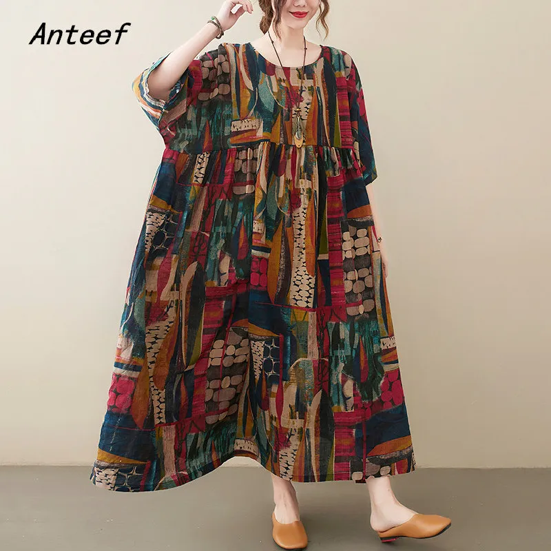 

short sleeve oversize cotton vintage floral dresses for women casual loose long woman summer dress elegant clothes 2022